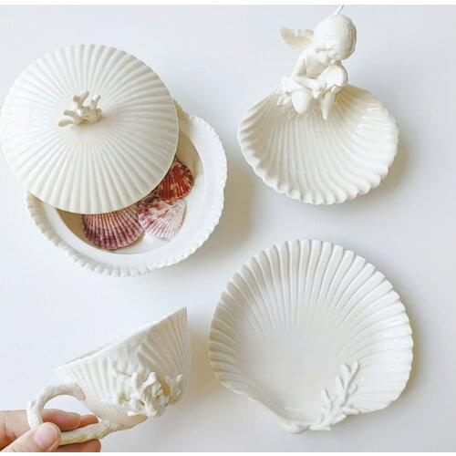 European High-End Vintage Relief Ceramic Creamy-White Shell Coffee Cup And Saucer Afternoon Tea Set Turkish Mugs