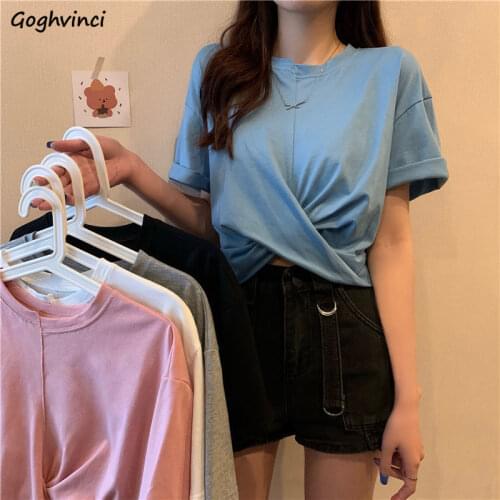 Design Asymmetrical Short Sleeve T-shirts Women O-neck Loose Crop Tops All-match Summer Korean Style Mujer Fashion Tshirts Sexy