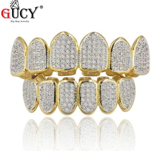 GUCY New Fit Bling Micro Pave Cubic Zircon Teeth Grills Hip Hop Top&Bottom All Iced Out Grills Dental Tooth Caps Jewelry