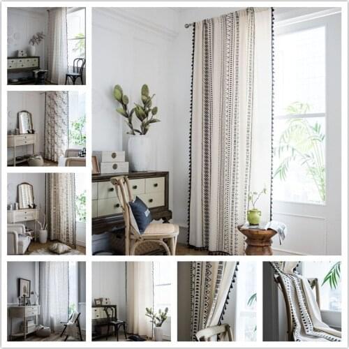 Cotton Linen Printing American Tassel Bohemian Style Bedroom/Living room/Kitchen Curtains Country Finished Window Semi-transmiss