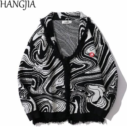 Harajuku Tassel Cardigan Sweaters Outwear Black White Patchwork Distressed Pullovers Sweaters Men Women Loose Casual Clothes