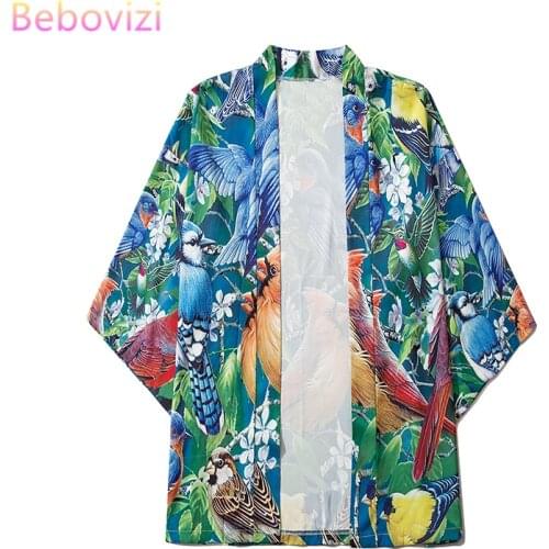 Fashion 2021 Summer Parrot Print Loose Japanese Streetwear Cardigan Women Men Harajuku Haori Kimono Cosplay Blouse Top Yukata