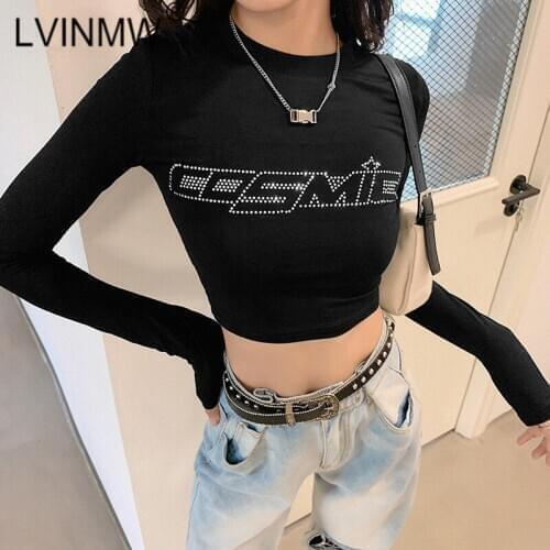 LVINMW Sexy O Neck Long Sleeve Letter Diamonds Crop Top Solid Simple Fashion Woman T Shirt Autumn Basic Daily Tops Streetwear