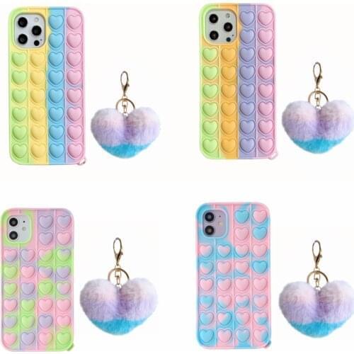 For iPhone 12 11 Pro Max Xs XR 6 7 8Plus Case Soft Silicone Heart Shape Fidget Toys Push Pop Soft Case With Hairball