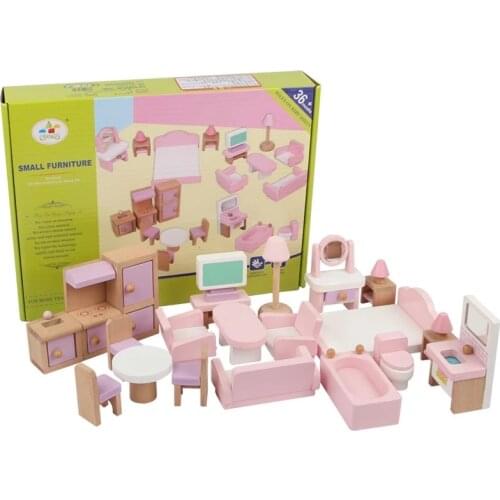 Wooden Dollhouse Furniture Set 22 Piece Living Room Bedroom Bathroom Kitchen Accessories Pretend Play Toys for Girls Gifts
