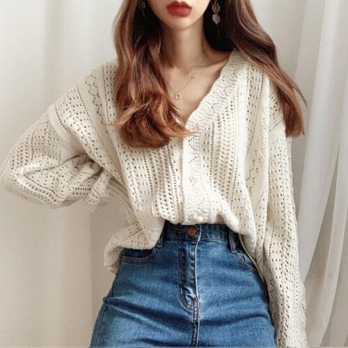 New Women Spring Summer Knit Cardigans Low V-Neck Knit Tops Long Sleeve Korean Style Hollow Out Sexy Cardigan Loose White Tops