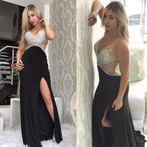Sexy Black Mermaid Prom Dresses 2021 Beaded Crystal Vestidos De Festa Side Split Deep V Neck Special Occasion Party Dress