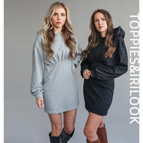 Toppies 2021 women fashion long sleeve sweatshirt dress hooded mini skirt Solid color No Fleece Sweatshirts Dress