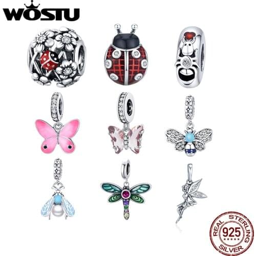 WOSTU Authentic 925 Sterling Silver Insect Butterfly Charms Pendant Fit Bracelet Women Party Fashion DIY Jewelry Gift Making