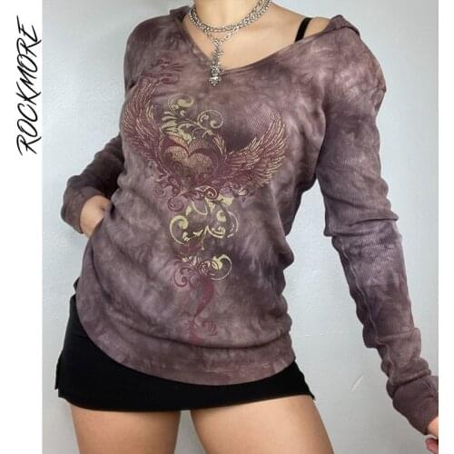 Rockmore Grunge V Neck Hoodie T Shirts Autumn Ribbed Knitted Tie Dye Tops Y2K Aesthetic Long Sleeve Graphics Tees Women Vintage