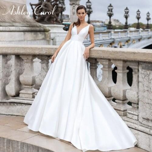 Ashley Carol A-Line Wedding Dress 2021 Graceful Satin Backless Beaded V-Neck Sleeveless Princess Bridal Gown Vestido De Noiva