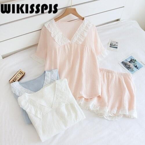 Womens Pajamas Short Sleeve Shorts Lovely Lace V-neck Home Wear Kawaii Pajama Two Piece Set Summer Pajamas for Teen Girls