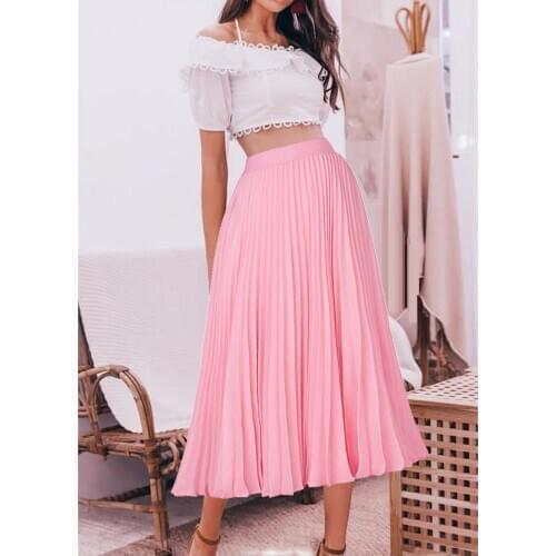 Spring and Autumn New Fashion Womens High Waist Pleated A-line Swing Skirt Multi Color Mid Calf Elastic Skirt