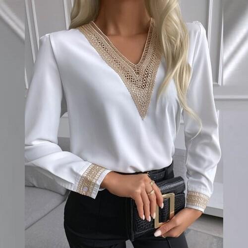 Vintage Lace V Neck Women Blouse Shirt Elegant Long-sleeved Solid Color Lady Office Shirt Fashion Casual Loose Pullover Tops