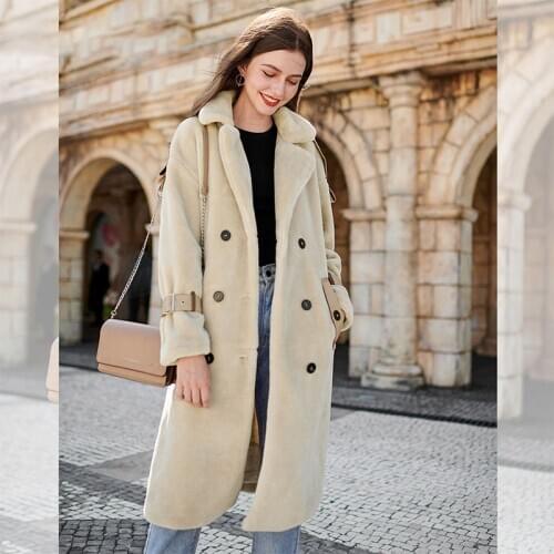 Women autumn winter double-faced faux sheep cashmere fur stand collar long sleeve with belt midi long warm abrigos coat