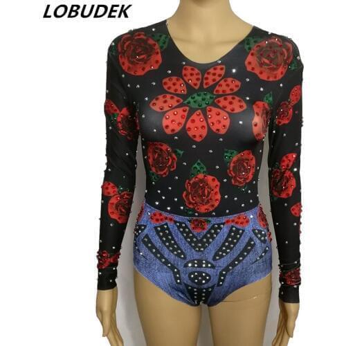 Female Long Sleeve Elastic Leotard 3D Rose Pattern Printed Bodysuit Nightclub Bar Party Costume Women Singer Dancer Stage Wear
