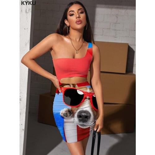 KYKU Dog Dress Women Animal Pleating Hip Hop Vestido Sexy Rock Bodycon Dress Womens Clothing Club Short Korean Style Femme