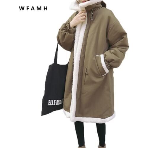 Winter cotton womens mid-length chic lamb wool coat loose bf student cotton clothes Korean thickened plus velvet jacket