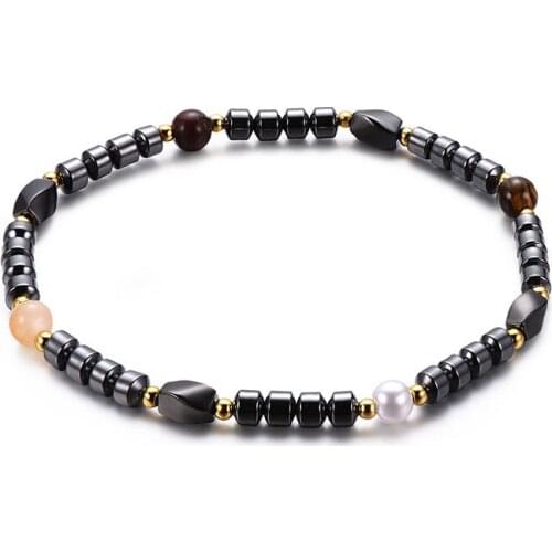 Hot Sale Men Women Black Hematite Charm Anklet Magnet Gold Acrylic Beads Nature Stone Foot Jewelry Gifts
