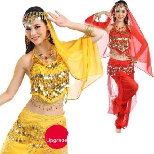 Free shipping many colors shinning Belly Indian dance coins Costume set trousers + Folded lace bra