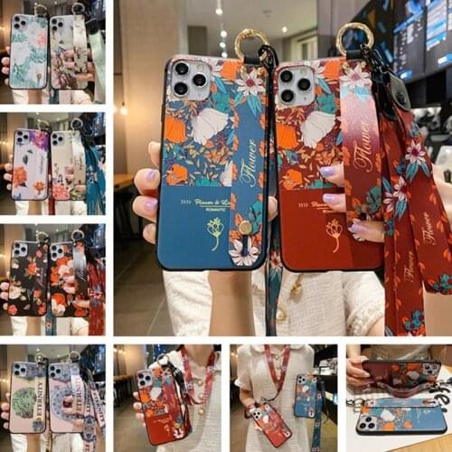 Phone Holder Case For iphone XR X Xs 11 12 Pro Max SE 2020 7 8 6 6s plus Fruit flower Soft TPU Neck Wrist Strap Lanyard Case