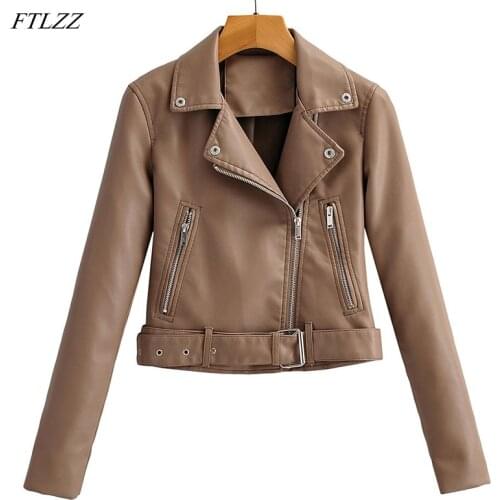 FTLZZ Faux Leather Short Jacket Women Loose Motorcycle Jackets Streewear Oversized Coat Chic Black Biker PU Outwear With Belt