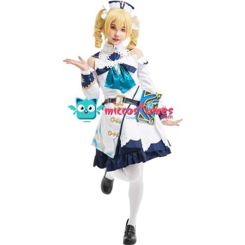 Genshin Impact Barbara Deaconess IDol Cosplay Costume Fullset with Cloak and Gold-Adorned Spellbook