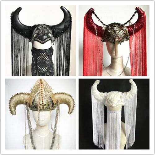 Party Punk Horn Fringe Headwear DJ Catwalk Show Halloween Armor Cap Pirate Horn Cap Devil Shape Gothic Headband Hair Accessories