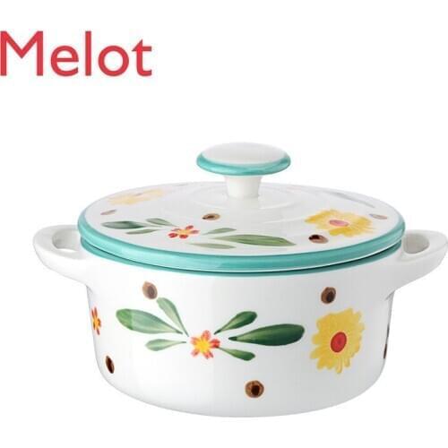 European Style Pastoral Style with Lid Ceramic Salad Bowl Household Soup Bowl Binaural Oven Porcelain Bowl Underglaze Color