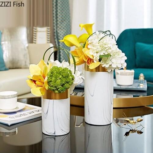 Nordic Imitation Marble Ceramic Vases with Artificial Flowers Flower Pots Decorative Ornaments Flowers Vase Modern Home Decor