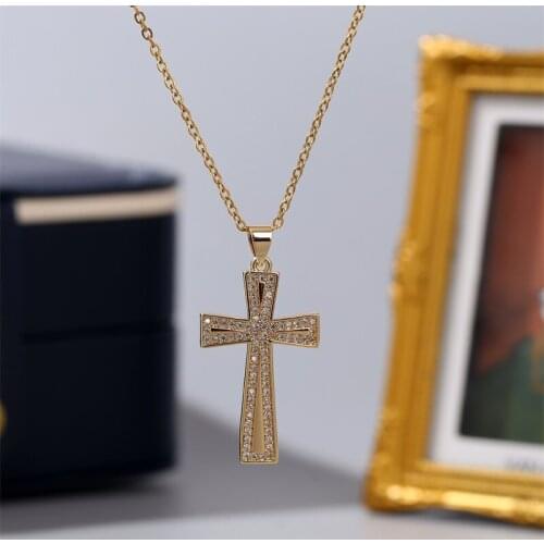 Classic Womens CZ Zircon Copper Metal Cross Necklaces & Pendants Fashion Gold Color Stainless Steel O-chain Necklace Jewelry