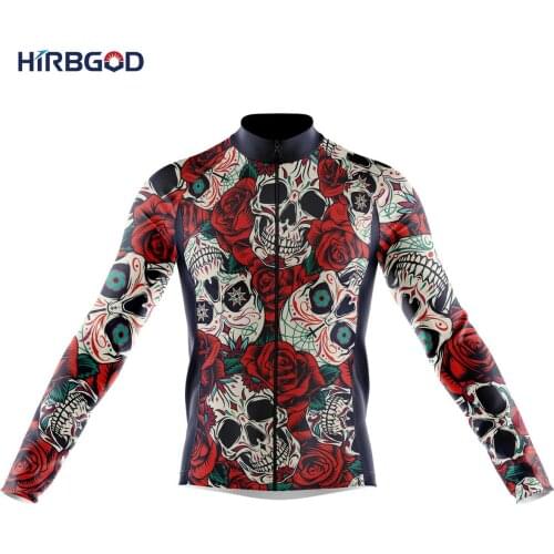HIRBGOD Club Fit 2022 Flower Skull Cycling Jersey Mens Long Sleeve Spring Bicycle Clothing Pocket Anti-Sweat BIker Wear,TYZ790