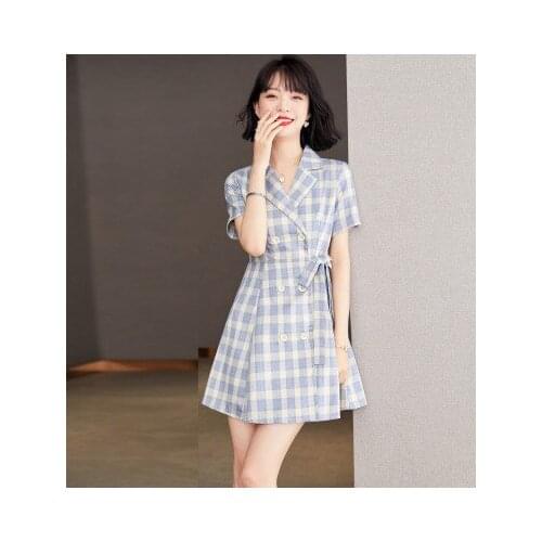 Summer suit collar midi dress plaid skirt dress women high waist vestidos de festa chic Dresses for Women