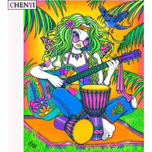 CHENYI New Diy Diamond Embroidery Guitar Girl Diamond Painting Cross Stitch Rhinestone Cartoon Mosaic Paint By Number Home Decor