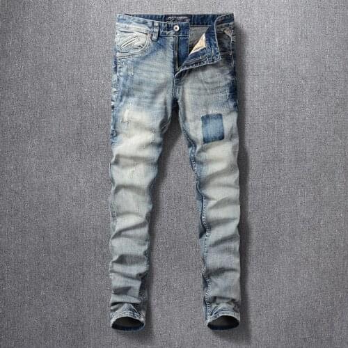 Fashion Vintage Designer Men Jeans Retro Blue High Quality Slim Fit Ripped Denim Trousers Streetwear Hip Hop Cotton Long Pants