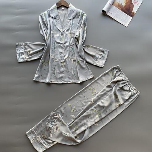 Pajama Woman Spring Autumn Long Sleeved Imitation Silk Pajama Suit Wind Sexy Print Ice Silk Homewear Casual Sleep Set 2PCS