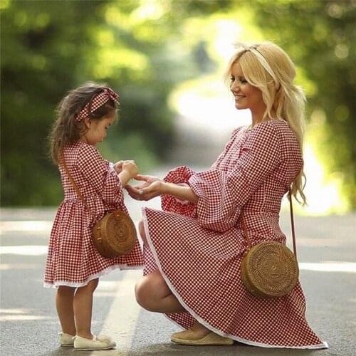 Christmas Mother Daughter Dresses Mom and Me Women Kids Girl Cute Checkerboard Dress Elegant Xmas Party Princess Dress