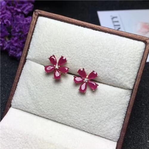 Natural Ruby Earrings 3x5mmx5pcs gems Genuine Gemstone 925 Sterling silver flower Stud Earrings for women fine Jewelry gift #042