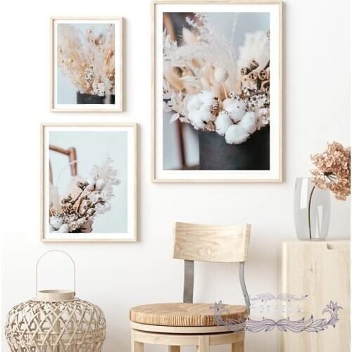 Nordic Beautiful Autumn Poster Dried Flower Bouquet Cotton Eucalyptus Canvas Painting Wall Art Pictures Room Gallery Decoration