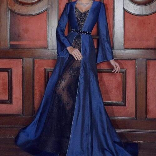 Navy blue prom dresses 2020 v neck long sleeve lace evening dresses long sleeve formal dresses