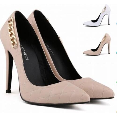 Women pumps leather high heels PU women shoes Pointed Toe 11 CM Thin Heels metal grid platform shoes