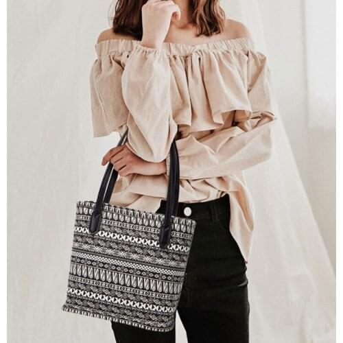 D0LF Vintage Ethnic Style Canvas Tote Bag Bohemian Geometric Patterns Shopping Single Shoulder Handbag National Wind Bucket with