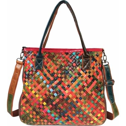 Russian Style Cowhide Ladys Bag Large Volume Bucket Bag Womans One-shoulder Bag Fashionable Multi-color Weaving Handbag