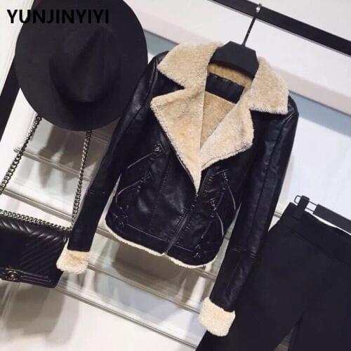 Autumn Winter Women Warm Thick Lambs Coats Casual Wool Fur Collar Crop Motorcycle Outerwear Fashion Faux Lamb PU Leather Jacket