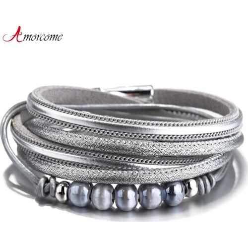 Amorcome Ceramic Beads Leather Bracelets For Women Fashion Bracelets & Bangles Boho Multilayer Wrap Bracelet Female Jewelry