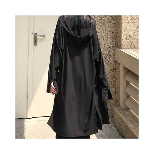 Fall new womens casual mid-length trench coat in solid color loose hooded jacket