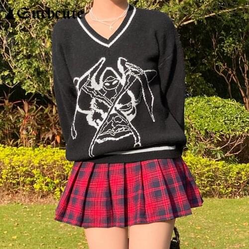 SUCHCUTE E-girl sweater women Pullover Y2K V Neck long sleeve with print Knitted Vests Plaid Preppy Style plus size Autumn 2020