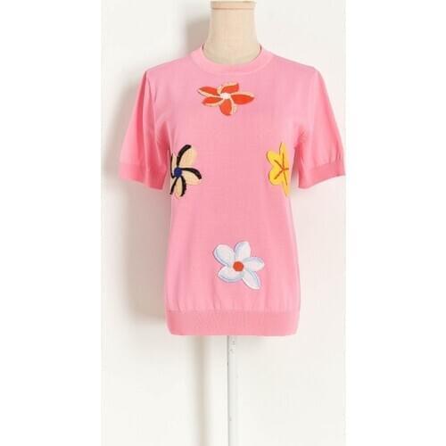 2020 summer women flowers appliques sweaters Korean o-neck short sleeve knitted pullover sweater tops black pink white JC401