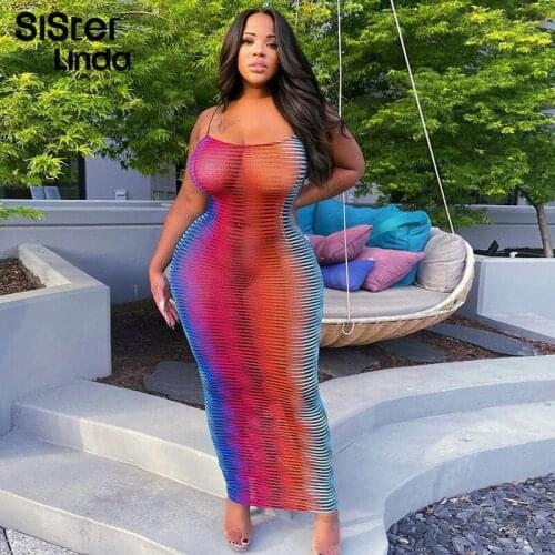 Sisterlinda Sexy Colorful Striped Bodycon Dress Women Summer 2021 Beach Vacation Outfits Spaghetti Strap Y2K Sling Maxi Dresses