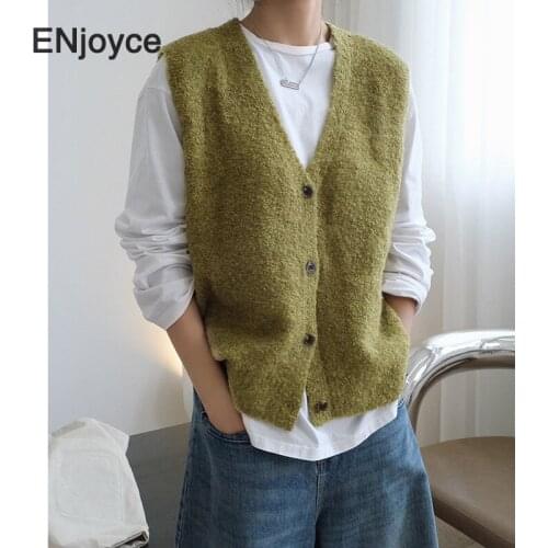 Vintage Woolen Knitted Vest Sweaters Women Spring Fall Sleeveless Single Breasted Cardigan Waistcoat Korean Style Sweater Tops